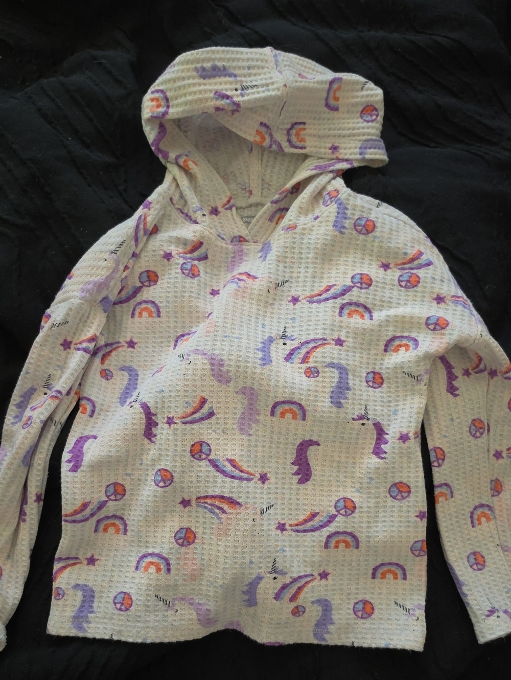 Girls' White Hooded Top with Purple Rainbow & Unicorn Print